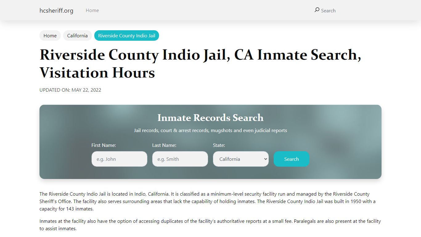 Riverside County Indio Jail, CA Inmate Search, Visitation ...